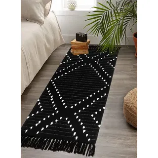HAOCOO Boho-Badezimmerteppich, 60 x 100 cm, schwarz, geometrisch, waschbar, gewebte Baumwolle, Diamant-Flächenteppich, schicker marokkanischer Tribal-Quaste, Küchenteppich, Überwurf, Bodenmatte,