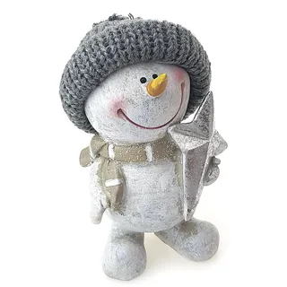 TEMPELWELT Deko Figur Schneemann mit Stern 14 cm, Keramik weiß grau, Dekofigur Schneemannfigur Winterdeko Winter Weihnachten
