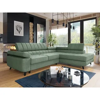 Mirjan24 Ecksofa Nord Premium, Polsterecke vom Hersteller, L-Form Ecke, Bettkasten und Schlaffunktion (Farbe: Abriamo 10, Seite: Rechts) - Grün