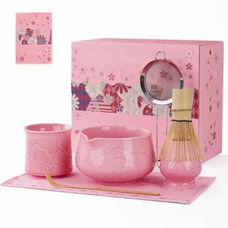 ZENS Matcha Set mit Blühende Tasse, 7 Stück Matcha-Set Rosa für Geschenk | Keramik Matcha Tea-set mit Schale, Besen & halter, Bambusschaufel und Pulversieb & Teetuch für Matcha Latte