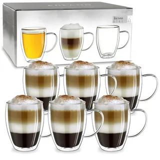 Creano doppelwandiges Thermoglas mit Henkel 400ml, großes Doppelwandglas aus Borosilikatglas, Kaffeegläser, Teegläser, Latte Gläser 6er Set