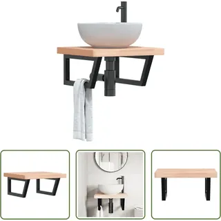 The Living Store Waschbeckenregal Wandmontage Stahl und Massivholz Buche - Braun
