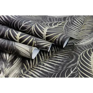 Rasch Textil Rasch Vliestapete 751833 African Queen III, Blätter schwarz gold, 10,05 x 0,53 m