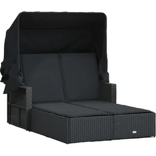 vidaXL Doppel-Sonnenliege mit Dach und Auflagen Schwarz Poly Rattan - Schwarz