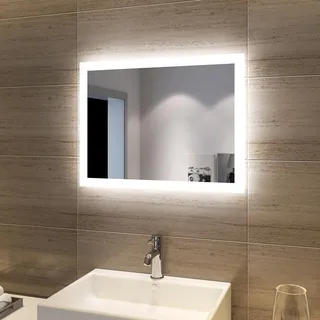 SONNI LED Badspiegel für Badezimmer 60x50 cm Kaltweiß vertikal & horizontal | HD Spiegel kupfer- & bleifrei mit staubdichter Rückwand. Nur über Wandschalter. Ideal für Renovierung & Gewerbeimmobilien