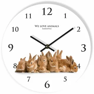 FLEXISTYLE Moderne Wanduhr für Kinder Kaninchen, 30cm, still, oval, Zimmer für Kinder, Schule, Kindergarten