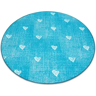 Teppich für Kinder HEARTS Kreis Jeans, vintage Herzen - türkis Blau rund 133 cm - Blau