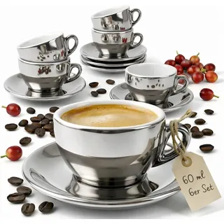 MUVELL 6x Espressotassen | Silber Chrome | Italian Style | dickwandig & schwer | Espresso 6er Set mit Untertassen - Geschenkset