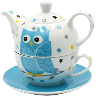 Dekohelden24 Porzellan Teekannen-Set/Tea for one mit Eule in weiß/blau, 3-teilig, L/B/H 16 x 14 x 10 cm, Fassungsvermögen Kanne - Tasse 400-200 ml