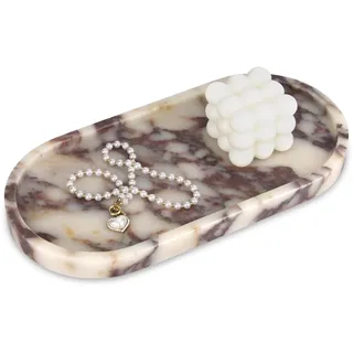 Badezimmer Tablett Oval Calacatta Viola Natürliches Marmor Deko Tablett für Küche Schminktisch Arbeitsplatte Gewebe Kerzen Handtuch Kaffee Schmuck Pflanze Kosmetiktabletts Serviertablett 30 x 15 cm