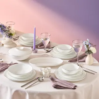 Karaca New Meridian 55-teiliges Geschirrset für 12 Personen, Elegantes Teller Set, Langlebiges Bone China Geschirr, Weiß mit Platin Tafelservice