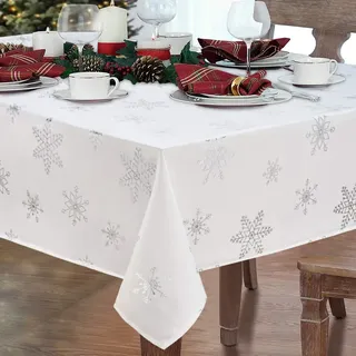 Yrendenge Wasserabweisend Weihnachtstischdecke 140x140, Weihnachten Silvester Tischdecke, Groß Esstischdecke Abwaschbar Weihnachts Tischdecke Tischtuch, Weiß mit Silber Schneeflocken Motiv