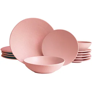 ECHTWERK 18-teiliges Vintage Tafelservice, "Blanka" Nature-Design, für 6 Personen, Stilvolles Geschirrset mit Struktur aus Steingut mit 6 x Speiseteller, 6 x Beilagenteller, 6 x Suppenteller, Rosa