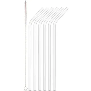 Weis 6er Set Trinkhalme abgewinkelt aus Glas mit Reinigungsbürste, Wiederverwendbar, Bruchresistent, Maße: 24x0,8 cm, 10961