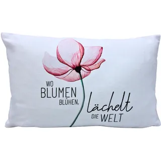 Dekohelden24 Zierkissen - Kuschel Kissen mit Blüte/Dekokissen - Kopfkissen - Wo Blumen blühen, lächelt die Welt - L/B/H ca. 40 x 13 x 23 cm, 100% Baumwolle.