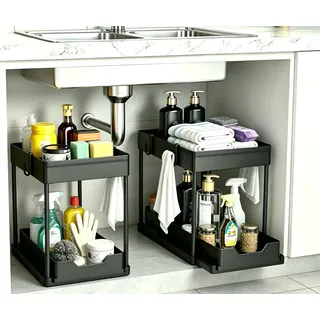 DEKAVA Küchen Organizer, 2 Unter Waschbecken Regal, Schrank Küchenorganizer mit 4 Haken, Schrankkorb für Küche, Bad, Putzmittel, Waschmittel (Schwarz)