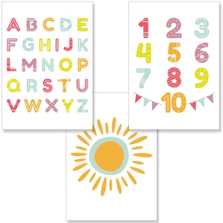 PREMYO Bilder Kinderzimmer Deko Mädchen Jungen - Alphabet ABC Poster Set Babyzimmer - Wandbilder Schlafzimmer Sonne A4