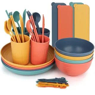 Camping Geschirr Set,44-teiliges Picknickgeschirr Tafelservice Campinggeschirr Kombiservice Tafelgeschirr mit Schüssel Teller Esslöffel Essgabel Essmesser und Becher,für Picknick, Camping, Küche