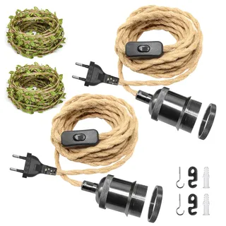 ZRLXFM 2-er E27 Hanfseil Lampenfassung mit Schalter und Stecker, Vintage Lampenkabel Hängende Leuchte Hängelampe Lampenschirm 5M Kabel Mit einer 5M langen grünen Blattdekoration
