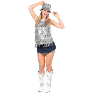 WILBERS & WILBERS 6449 - Metallic Party Top Damen mit Paillettenfransen, Stretchstoff, glänzendes Oberteil für Disco, Festival