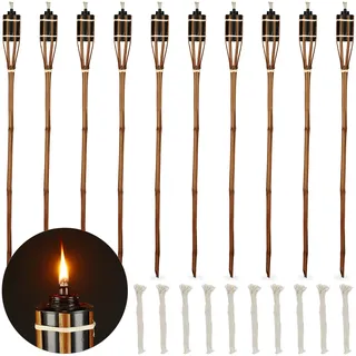 Relaxdays Gartenfackeln, 10er Set, Bambus, Ölfackeln für draußen, braun | Outdoor Fackeln mit Ersatzdocht, Höhe: 90 cm