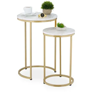 Relaxdays Satztisch, 2er Set, 2 Größen, Marmoroptik, Metall, runde Beistelltische, Wohnzimmer Couchtisch, weiß/Gold