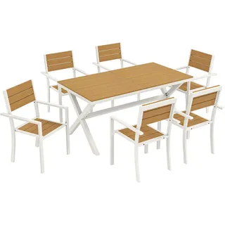 Outsunny Outdoor-Essgruppe 7er Set Aluminium Kunstholz Teak , Weiß , Metall , 7-teilig , rechteckig , X-Form , Gartenmöbel, Gartengarnituren, Gartenmöbel-Sets
