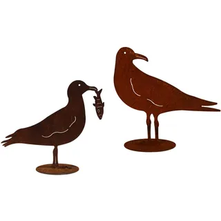 Bornhöft 2er Set Edelrost Dekoration Rost Möwe Maritime Figur für den Außenbereich Dekomöwe auf Bodenplatte rostige Deko Eisen mit Fisch im Schnabel (Möwen Set C)