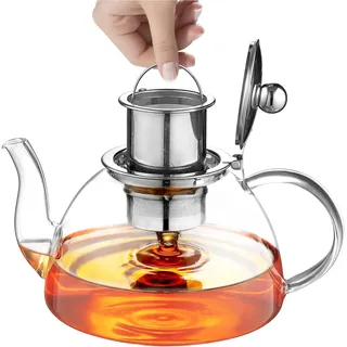 Teekanne Glas, Teekanne mit Siebeinsatz 1300ML aus Borosilikatglas Glaskanne und Glas Deckel -Spülmaschinenfest