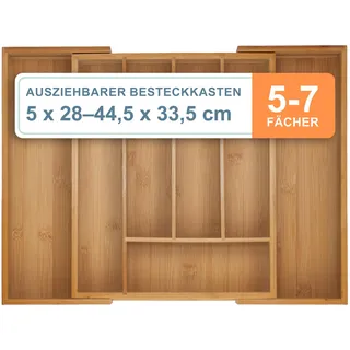 Relaxdays Ausziehbarer Besteckkasten Bambus 5–7 Fächer 44,5 x 5 x 33,5 cm