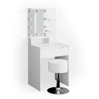 Vicco Schminktisch Ruben Weiß 60 cm mit LED Beleuchtung und Hocker , Holzwerkstoff , 4 Fächer , 1 Schubladen , Rechteckig,Rechteckig , 60x142.7x48 cm , Schlafzimmer, Schminktische