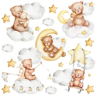 Muralo Wandsticker Teddybären Wolken Monde Sterne 60x30 , Gelb, Braun, Weiß, Beige, Grau , Papier , Tiere, Märchen/ Fantasie , Rechteckig , 60x30x1 cm , Tapeten & Wandverkleidungen, Wandtattoos & Sticker, Wandtattoos