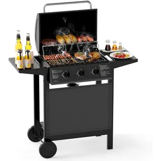 COSTWAY Gasgrill mit 3 Brenner, 7 kW, BBQ Grillwagen mit Deckel, 2 Seitentischen, Grillrost, Thermometer, und 2 Rollen, große Grillfläche, Gartengrill Gas Grill, für Balkon Garten Camping
