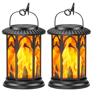 BUCASA Solarlampen für Außen Hängend, 2 Stück Vintage Solar Laternen für Draußen Fackeln, Solarleuchten für Außen mit Realistischen Flammeneffekt, Weihnachtslaterne Balkon Tisch Garten Halloween Deko