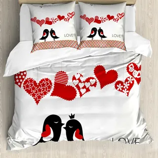 ABAKUHAUS Liebe Bettbezug Set, Königin-und König-Vogel-Paare, die hängende Herz-Formen und abstraktes Tropfen-Muster küssen, 155 x 220 cm + 80 x 80 cm, Mehrfarbig