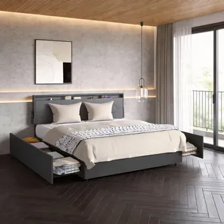 VA-Cerulean Polsterbett 160 x 200 cm, Linen Doppelbett mit Stauraum und 4 Schubladen, Funktionsbett mit Lattenrost, für Erwachsene & Jugendliche, ohne Matratze, Dunkelgrau - Dunkelgrau