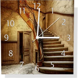 Wallario Design Wanduhr Rustikale Holztreppe aus Aluverbund, Größe 30 x 30 cm - Schwarz