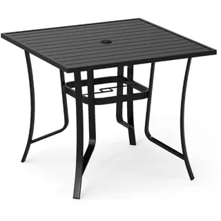 FANTASK Gartentisch mit Schirmloch, 91 x 91 x 73 cm, quadratischer Esstisch für 4 Personen, Outdoor Esstisch, Terrassentisch Metall für Garten, Terrasse, Balkon (Schwarz)