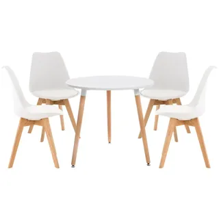 CLP Essgruppe Lansgar I Set aus 4x Stuhl Linares und 1x Tisch Ansgar I Runde Tischplatte Ø 80 cm I Moderne Essgruppe weiß - Weiß