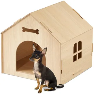 Relaxdays Hundehütte zum selber Bauen, Haustierhaus, für kleine Hunde & Katzen, Hundehöhle MDF, Natur