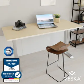 Höhenverstellbarer Schreibtisch (140 x 70 cm) - Sitz- & Stehpult - Bürotisch Elektrisch Höhenverstellbar mit Touchscreen & Stahlfüßen - Silber/Bambus - Silber, Beige