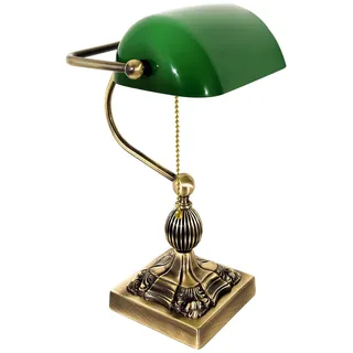 Bankerlampe Tischlampe Messing Massiv 36 cm Grün Bronze E27 Zugschalter