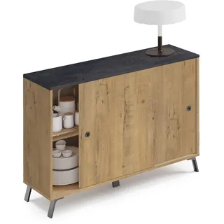 Muebles Pitarch | Sideboard für Wohn- und Esszimmer, Buffet, Beistellschrank, 2 Schiebetüren, Eiche Gold mit Schwarzen Beinen, 87x120x40 cm, Moderner Industrie-Empfangsbereich, Modell Kamet