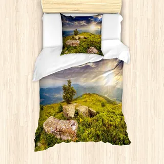 ABAKUHAUS Berg Mantele, 3 Hinter Boulders, Milbensicher Allergiker geeignet mit Kissenbezügen, 135 cm x 200 cm - 80 x 80 cm, Grün, Gelb, Blau - Grün