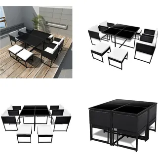 vidaXL 9 tlg. Garten Essgruppe mit Auflagen Poly Rattan Schwarz - Gartenmöbel-Set - Gartenmöbel-Sets - Gartentisch Und Stühle - Gartentische Und Stühle - Schwarz