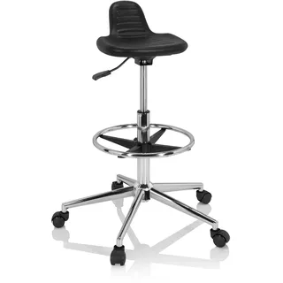 hjh OFFICE 830099 Arbeitshocker hoch TOP Work 03 I PU-Hartschaum Schwarz Drehhocker mit Rollen & Gleiter, höhenverstellbar