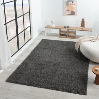 VIMODA Prime Shaggy Hochflor Langflor Teppich Einfarbig Modern Anthrazit Dunkelgrau, Maße:Ø 160 cm Rund
