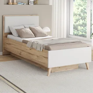 Forte VANKKA Bettgestell, Liegefläche: 90 x 200 cm, modernes Bett mit Polsterkopfteil, Einzelbett, Schlafzimmer, Holzwerkstoff, Planked Eiche Holzdekor, 97,4 cm breit x 94,2 cm hoch x 206,5 cm tief