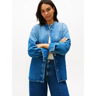 Jeansbluse TOMMY HILFIGER "DNM GLOW STAND-COLLAR SHIRT LS", Damen, Gr. 40, glow, Denim/Jeans, Obermaterial: 78% Baumwolle, 22% Lyocell, unifarben, hüftbedeckend, Rundhals, Blusen Jeansbluse