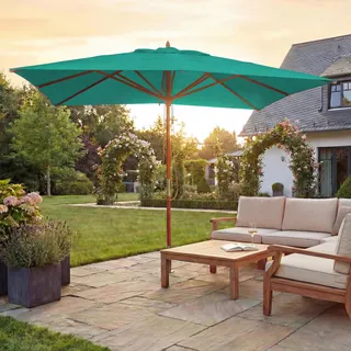 Gastronomie Holz-Sonnenschirm HWC-C57, Gartenschirm, Polyester/Holz 14kg, eckig 3x3m Seilzug stoßsicher blau-grün - Blau